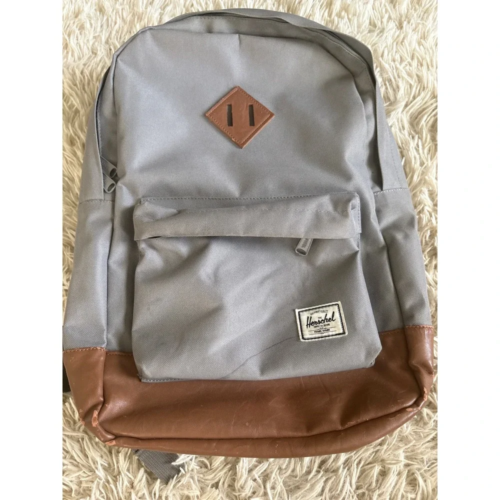 Herschel Supply Co Heritage Backpack Grey‎ Brown Faux Leather Trim 17 inch